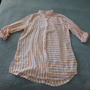 Tahari Shirt Womens XL Button Up Linen Orange Striped Roll Tab Sleeve Tunic